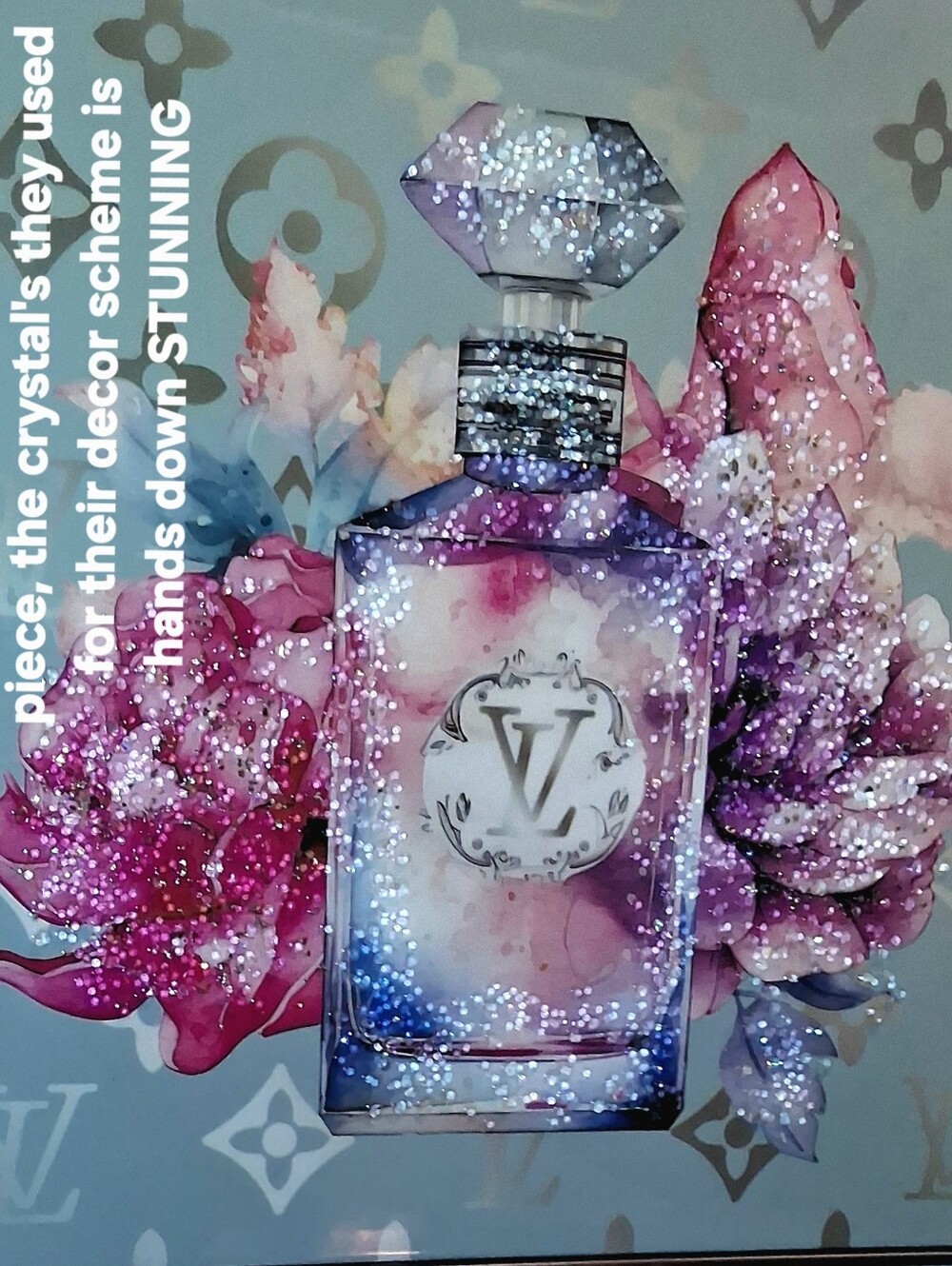 LV Wall Art Made with Crystal Rocks,logo LV Silver,Perfume Bottle Custom Frame